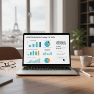 Avis Mercer mutuelle : gros plan sur un écran d'ordinateur affichant des graphiques de couverture santé et un devis de mutuelle, symbolisant l'analyse des garanties pour bien choisir sa mutuelle Mercer en 2025.